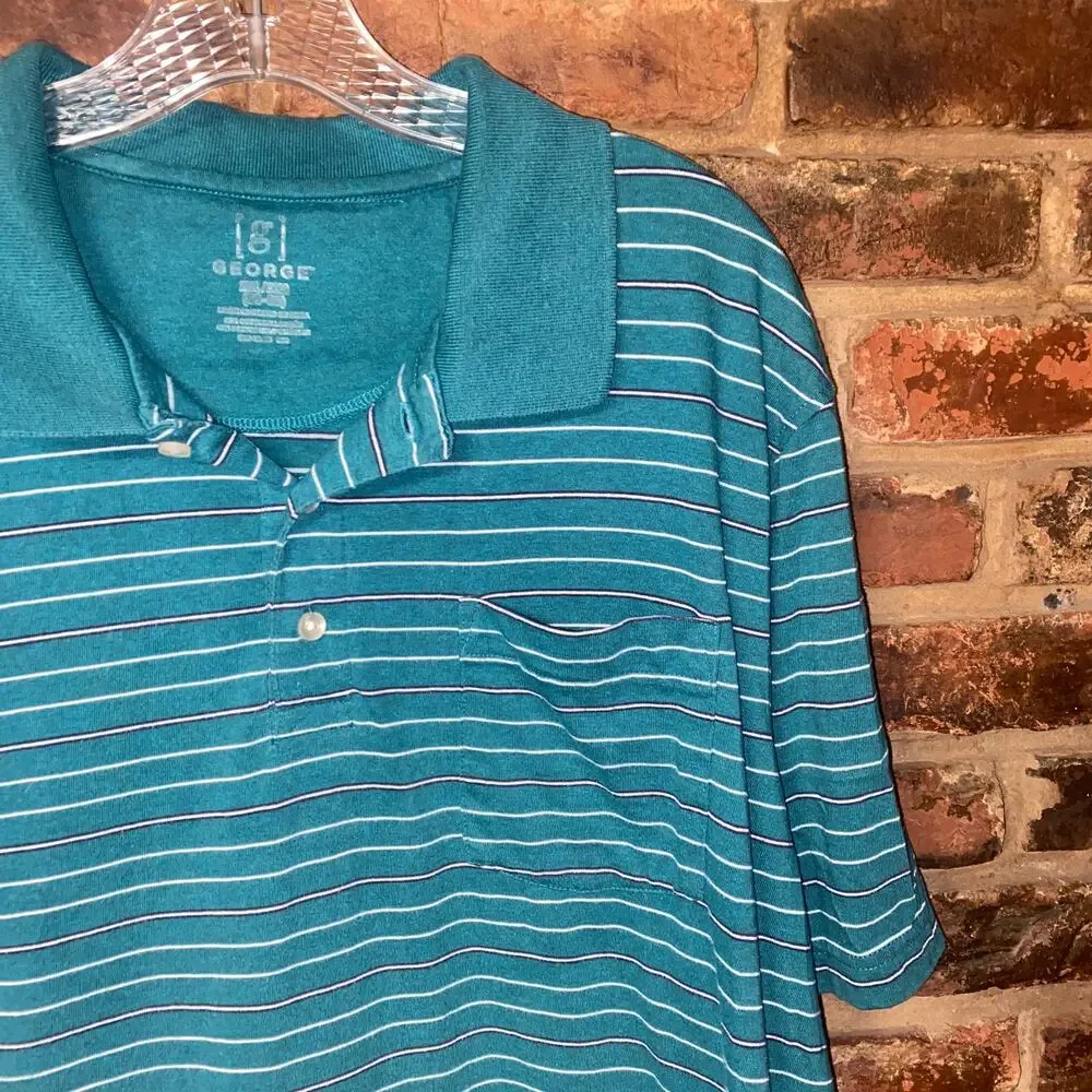 George Teal Blue Striped Short Sleeve Collared Polo Shirt Men's Size 2XL